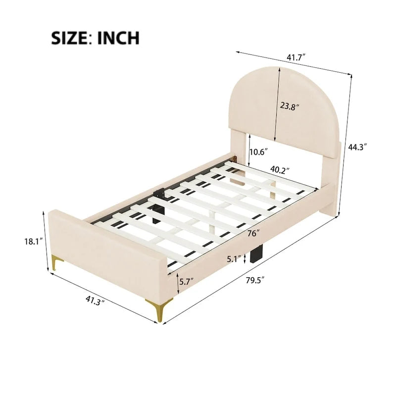 Letto a piattaforma imbottito con testiera classica a semicerchio e gambe in metallo