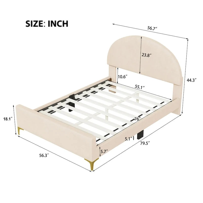 Upholstered Platform Bed with Classic Semi-Circle Shaped Headboard and Mental Legs