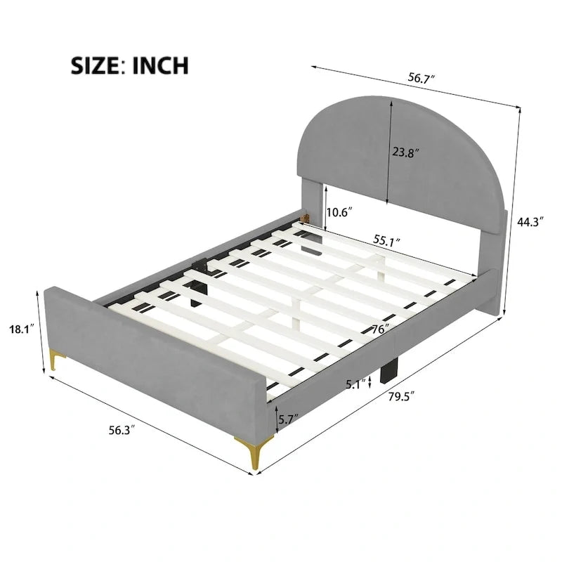 Upholstered Platform Bed with Classic Semi-Circle Shaped Headboard and Mental Legs