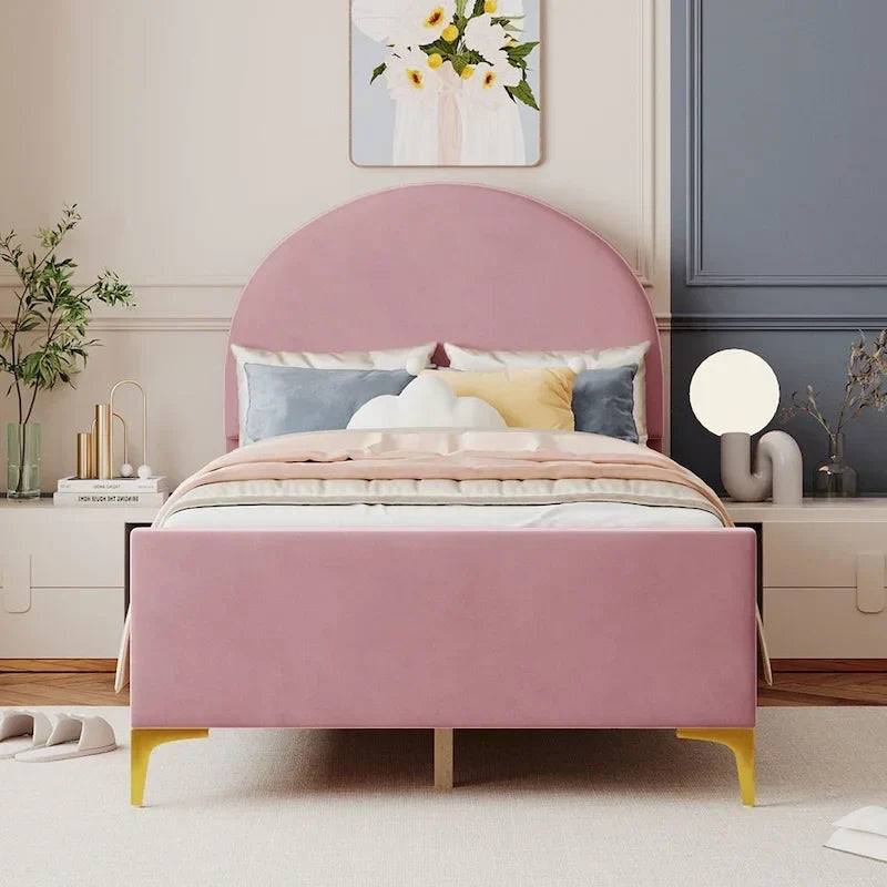 Upholstered Platform Bed with Classic Semi-Circle Shaped Headboard and Mental Legs