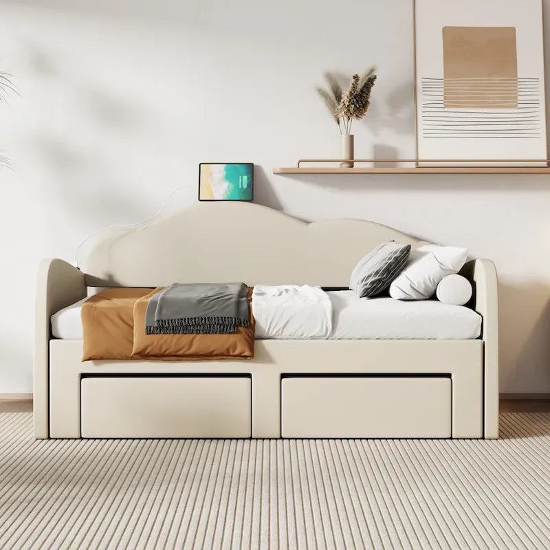 Divano letto imbottito singolo con schienale a forma di nuvola, letto estraibile, 2 cassetti e porte USB, beige