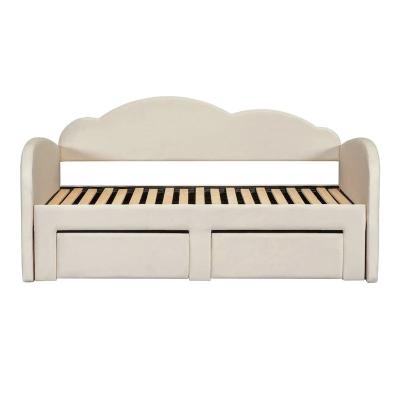 Divano letto imbottito singolo con schienale a forma di nuvola, letto estraibile, 2 cassetti e porte USB, beige