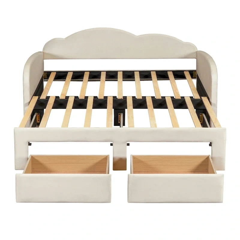 Divano letto imbottito singolo con schienale a forma di nuvola, letto estraibile, 2 cassetti e porte USB, beige