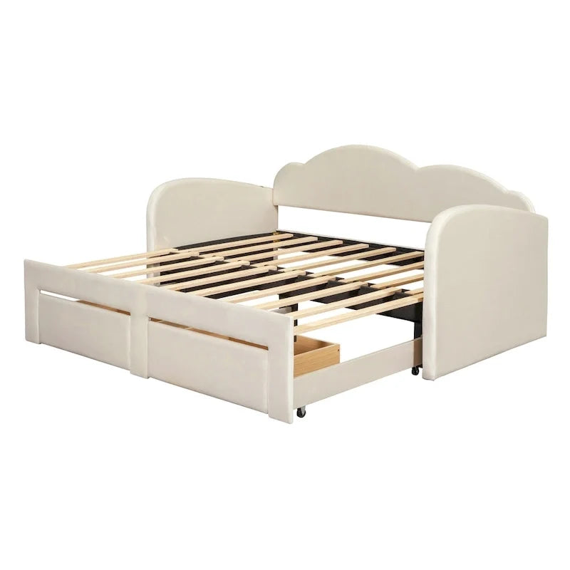 Divano letto imbottito singolo con schienale a forma di nuvola, letto estraibile, 2 cassetti e porte USB, beige