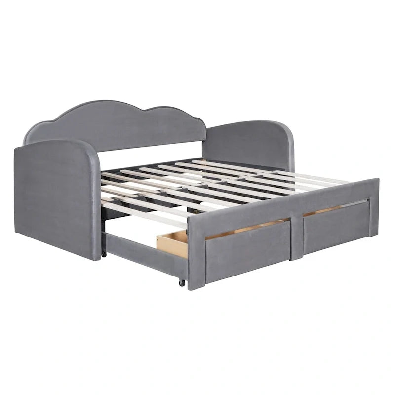 Divano letto imbottito singolo con schienale a forma di nuvola, letto estraibile, 2 cassetti e porte USB, beige