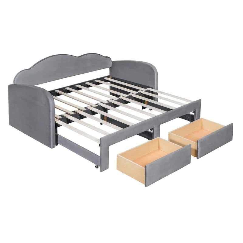 Divano letto imbottito singolo con schienale a forma di nuvola, letto estraibile, 2 cassetti e porte USB, beige