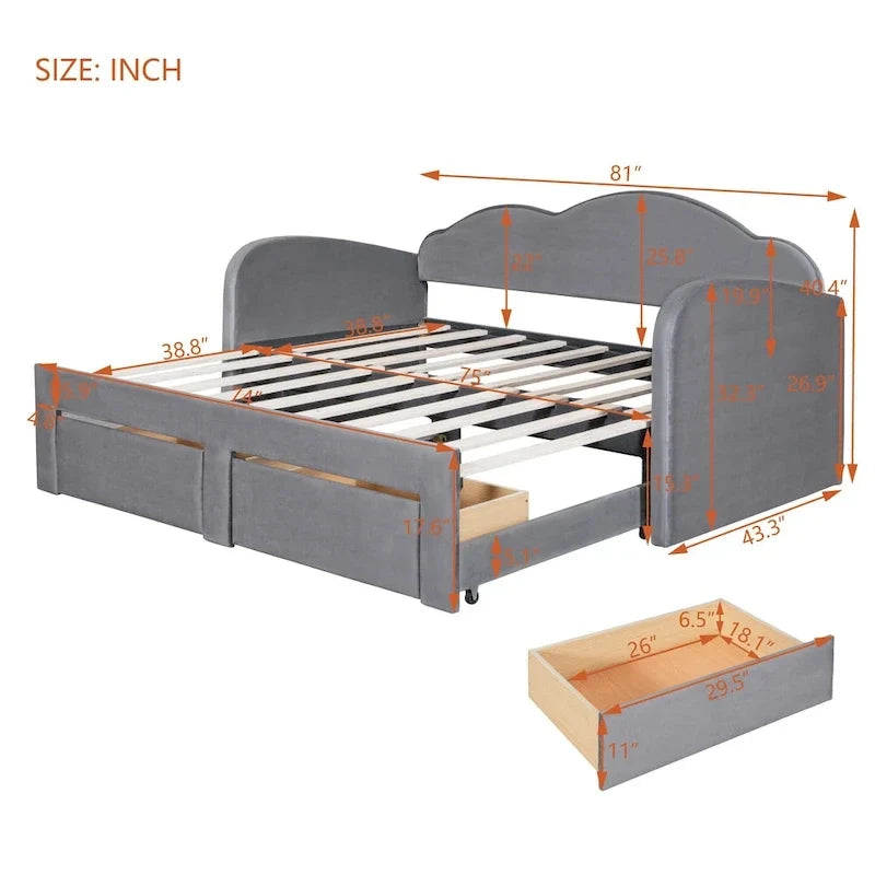 Divano letto imbottito singolo con schienale a forma di nuvola, letto estraibile, 2 cassetti e porte USB, beige