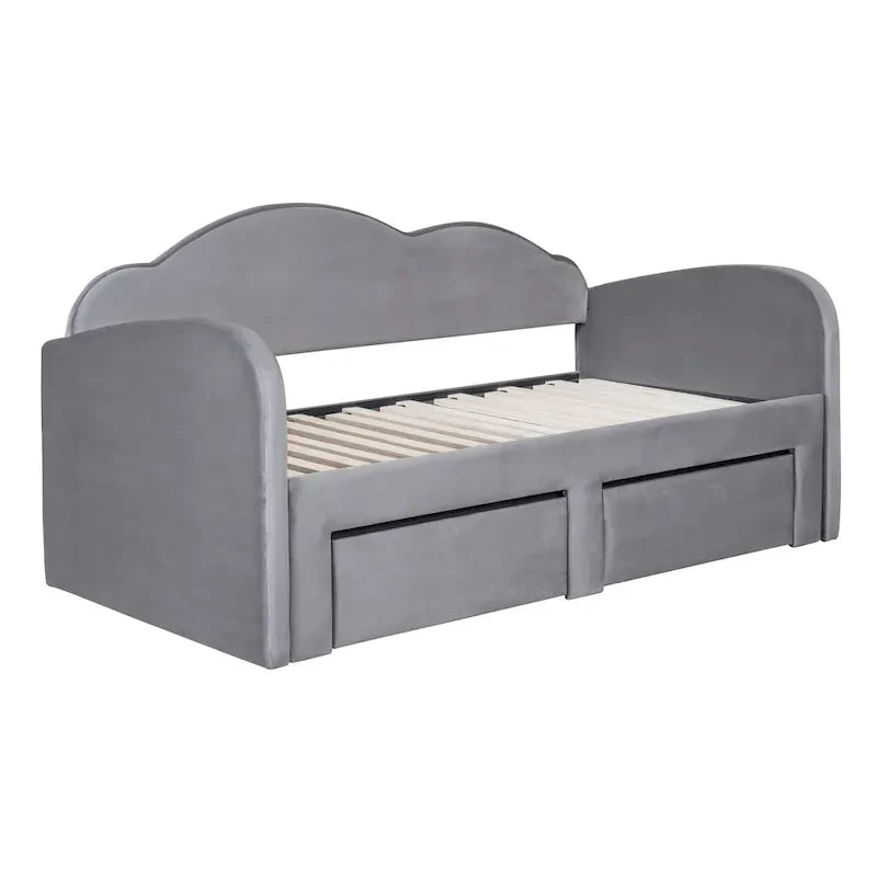 Divano letto imbottito singolo con schienale a forma di nuvola, letto estraibile, 2 cassetti e porte USB, beige
