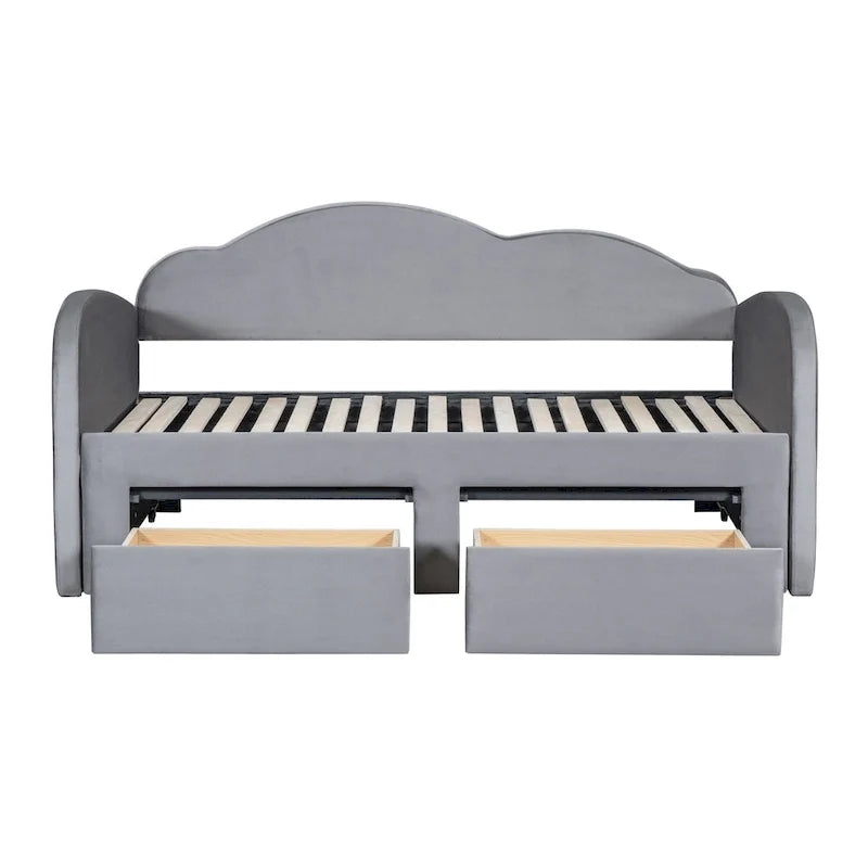 Divano letto imbottito singolo con schienale a forma di nuvola, letto estraibile, 2 cassetti e porte USB, beige