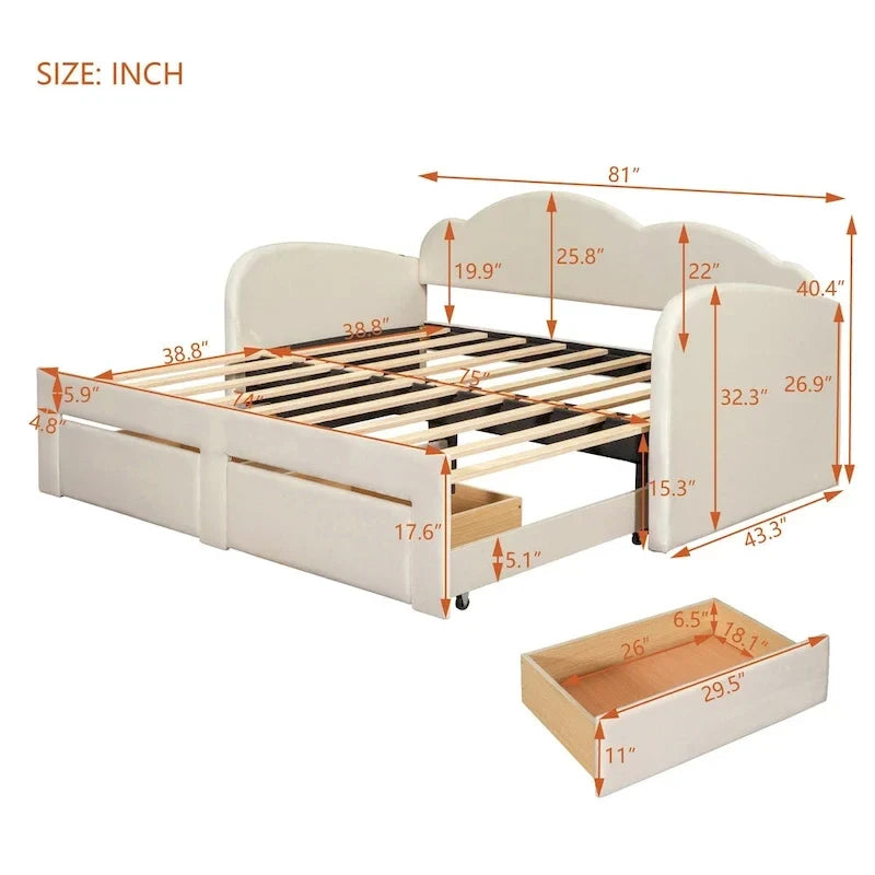 Divano letto imbottito singolo con schienale a forma di nuvola, letto estraibile, 2 cassetti e porte USB, beige