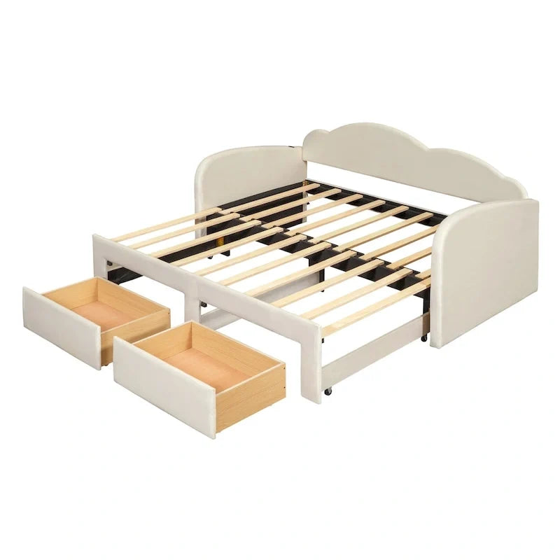 Divano letto imbottito singolo con schienale a forma di nuvola, letto estraibile, 2 cassetti e porte USB, beige