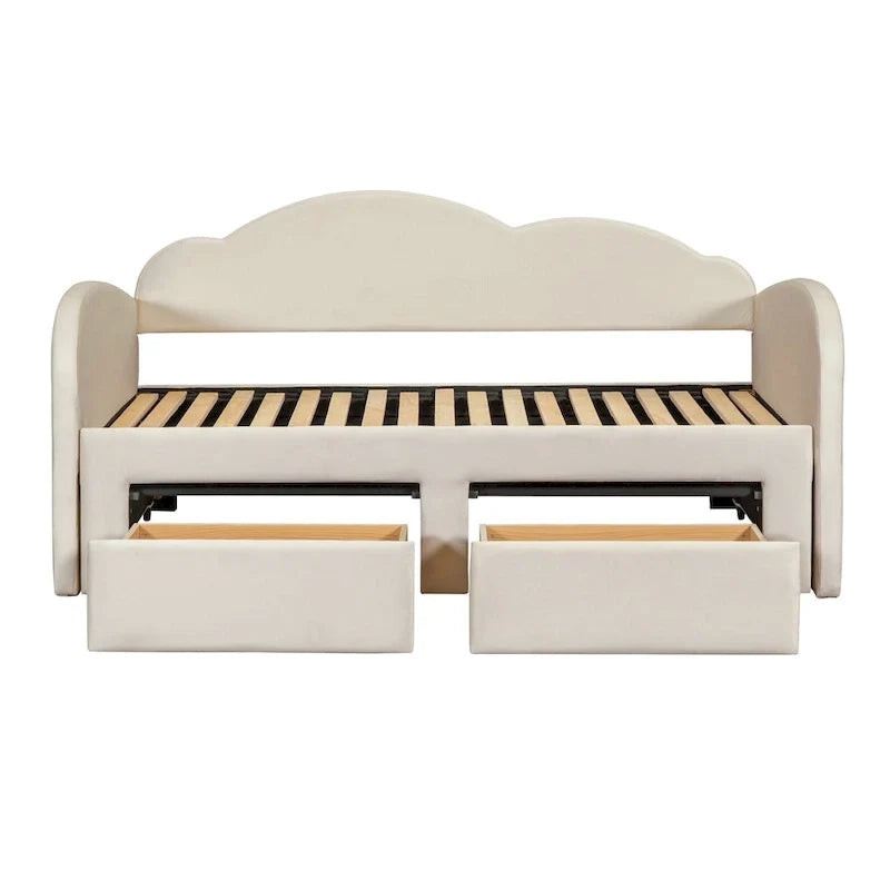 Divano letto imbottito singolo con schienale a forma di nuvola, letto estraibile, 2 cassetti e porte USB, beige