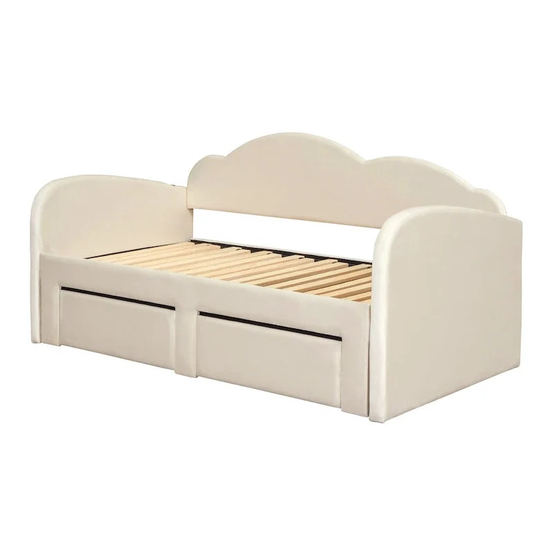 Divano letto imbottito singolo con schienale a forma di nuvola, letto estraibile, 2 cassetti e porte USB, beige