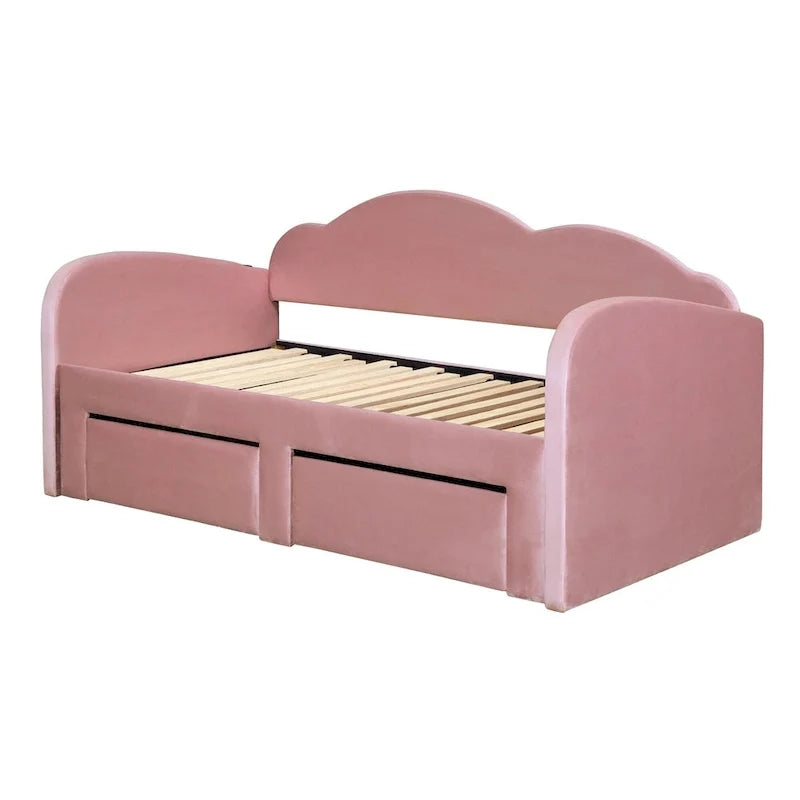 Divano letto imbottito singolo con schienale a forma di nuvola, letto estraibile, 2 cassetti e porte USB, beige