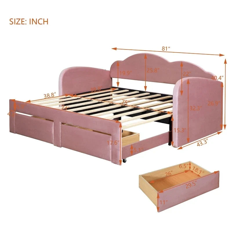 Divano letto imbottito singolo con schienale a forma di nuvola, letto estraibile, 2 cassetti e porte USB, beige