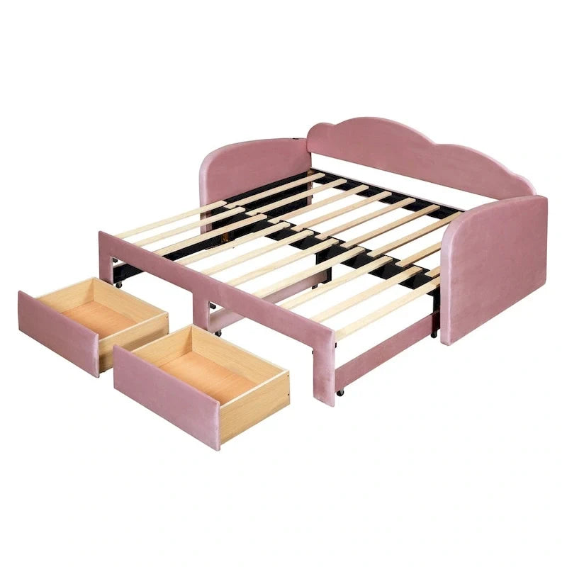 Divano letto imbottito singolo con schienale a forma di nuvola, letto estraibile, 2 cassetti e porte USB, beige