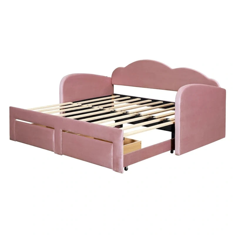 Divano letto imbottito singolo con schienale a forma di nuvola, letto estraibile, 2 cassetti e porte USB, beige