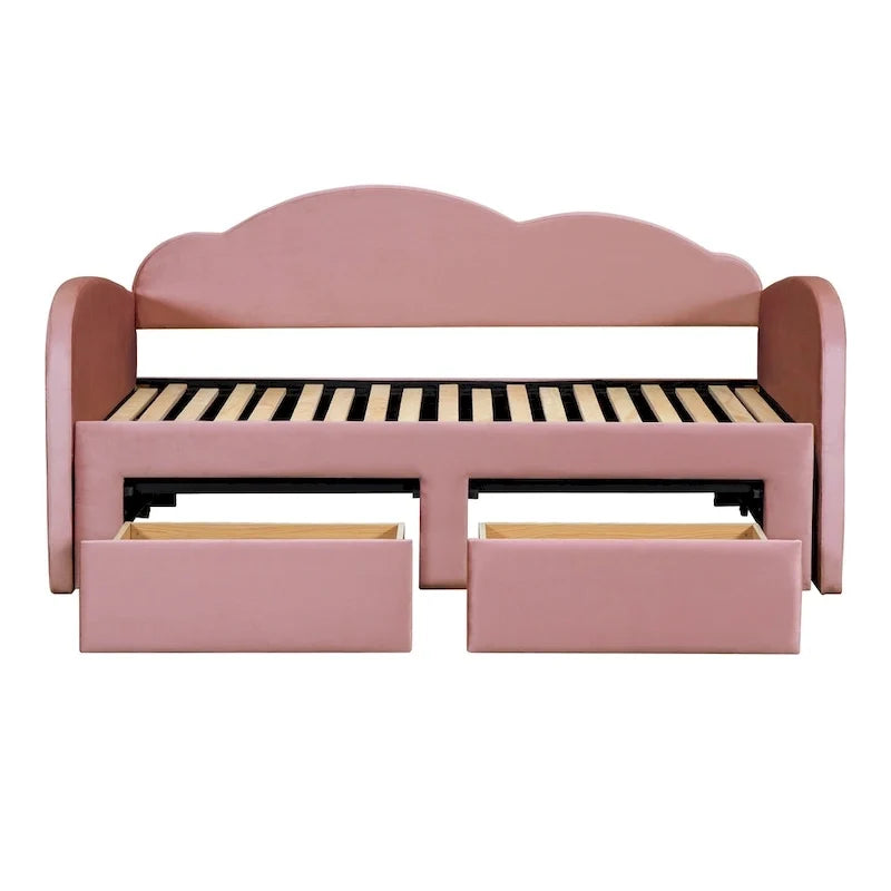 Divano letto imbottito singolo con schienale a forma di nuvola, letto estraibile, 2 cassetti e porte USB, beige
