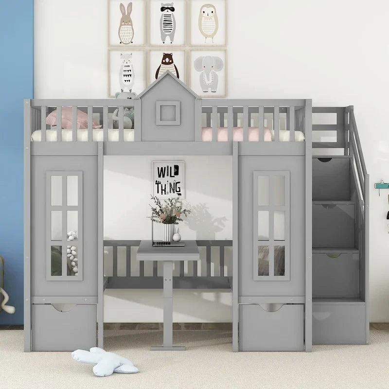 Letto a castello singolo con letto estraibile e scrivania trasformabile - grigio
