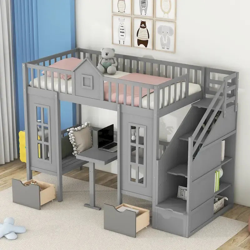 Letto a castello singolo con letto estraibile e scrivania trasformabile - grigio