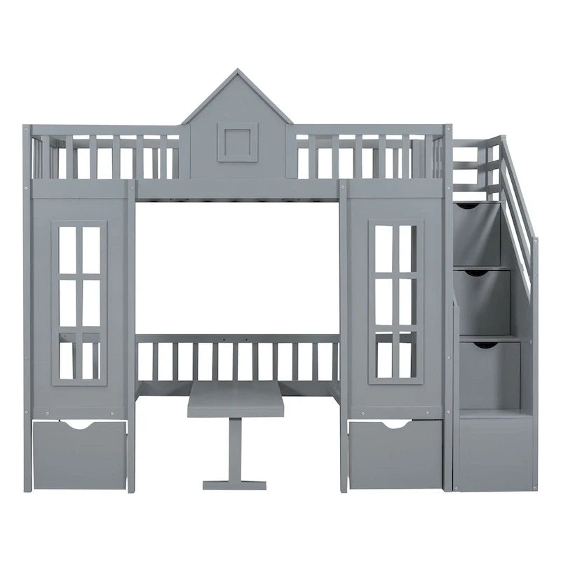 Letto a castello singolo con letto estraibile e scrivania trasformabile - grigio