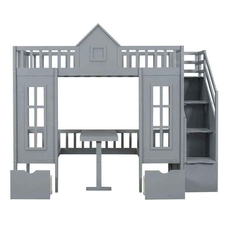 Letto a castello singolo con letto estraibile e scrivania trasformabile - grigio
