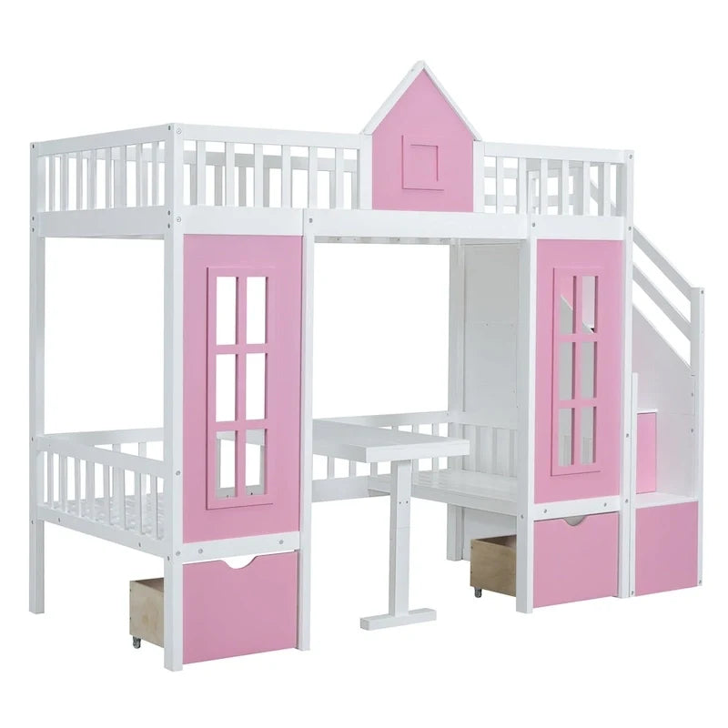 Twin-Over-Twin Bunk Bed with Changeable Table, Bunk Bed Turn into Upper Bed and Down Desk -Gray