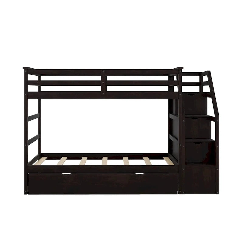 Letto a castello per materassi singoli con letto estraibile singolo e 3 gradini contenitore, color espresso