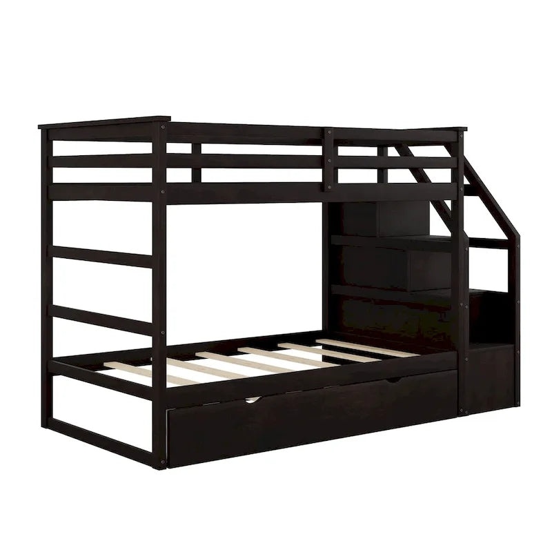 Letto a castello per materassi singoli con letto estraibile singolo e 3 gradini contenitore, color espresso