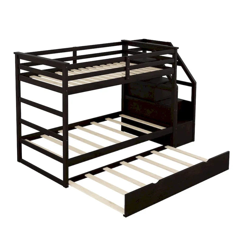 Letto a castello per materassi singoli con letto estraibile singolo e 3 gradini contenitore, color espresso