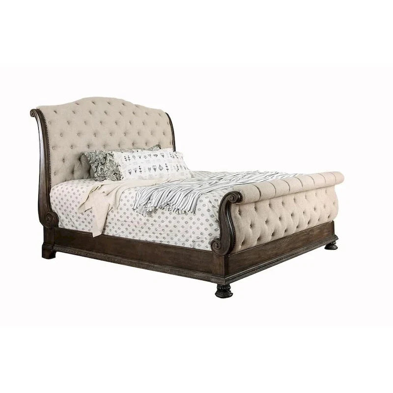 California King Bed with Sleigh Headboard and Footboard, Brown and Beige