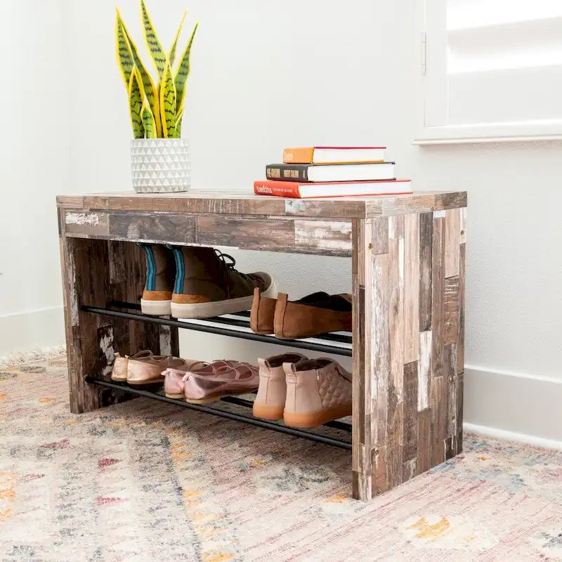 Two-Tier Industrial Shoe Bench in Distressed Wood Finish