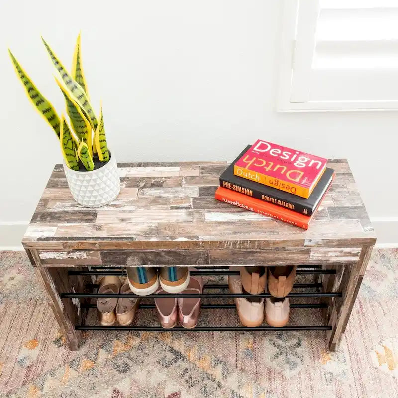 Two-Tier Industrial Shoe Bench in Distressed Wood Finish