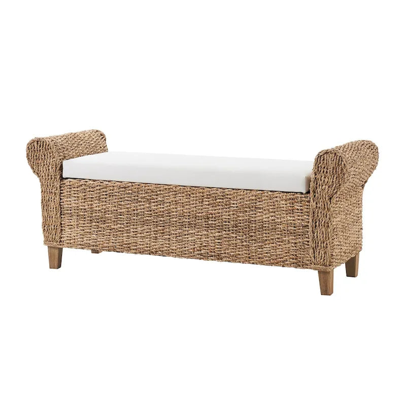 Boho Farmhouse Ratten Storage Bench with Hollow-Carved Designs