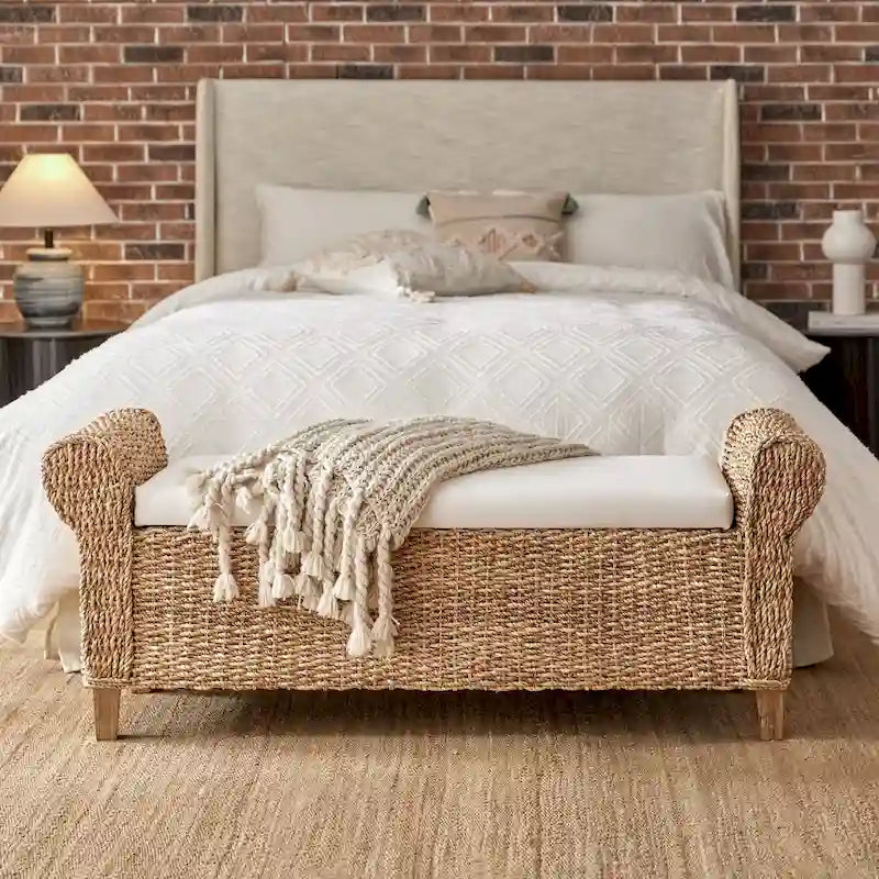 Boho Farmhouse Ratten Storage Bench with Hollow-Carved Designs
