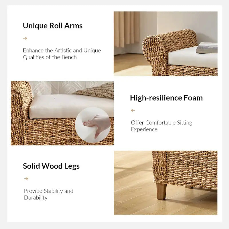 Boho Farmhouse Ratten Storage Bench with Hollow-Carved Designs