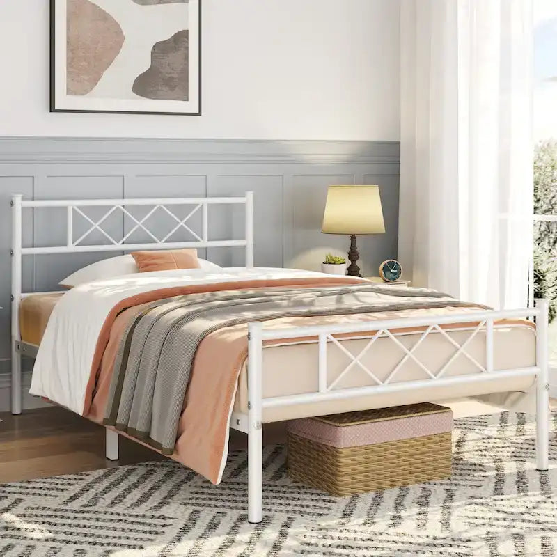 Metal Bed Frame Mattress Foundation with Slatted Bed Base