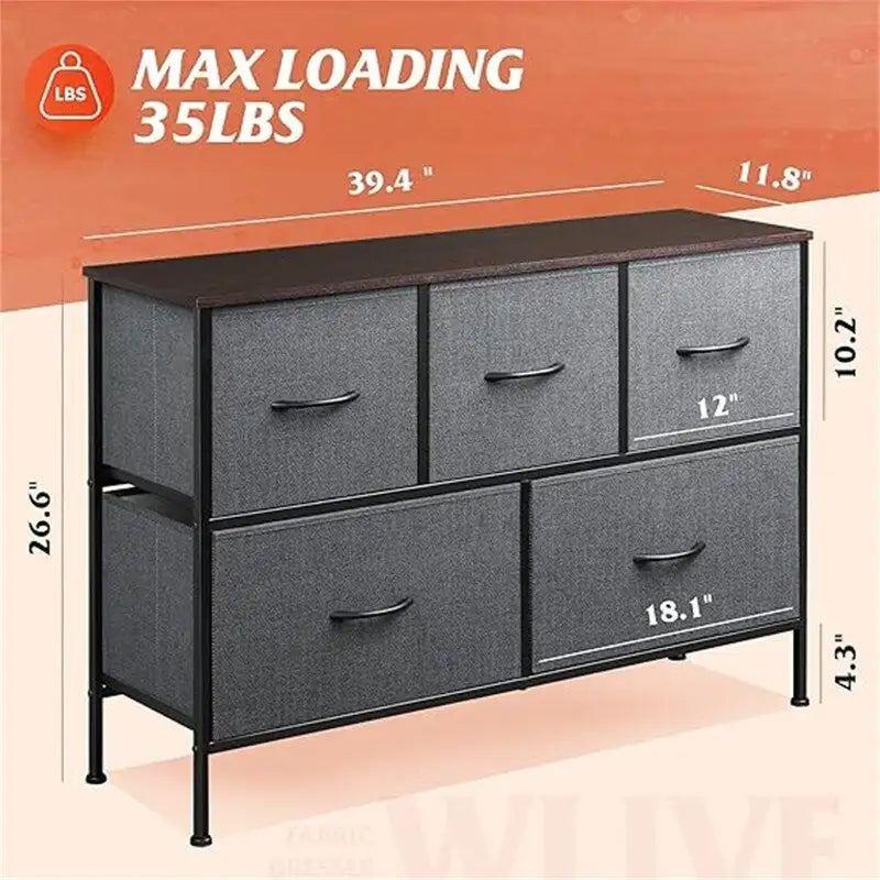 5 Drawer Fabric Storage Dresser, Grey Chest of Drawers, Metal Frame Storage Cabinet for Bedroom Living Room