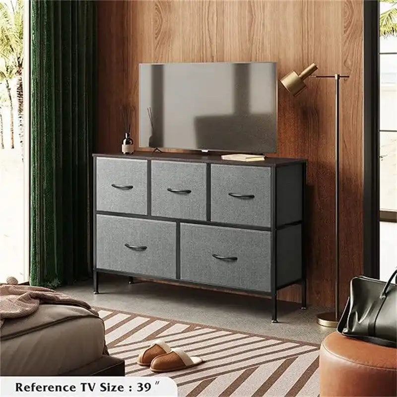 5 Drawer Fabric Storage Dresser, Grey Chest of Drawers, Metal Frame Storage Cabinet for Bedroom Living Room
