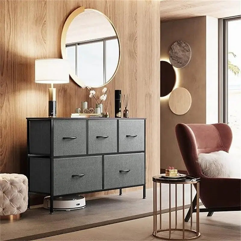5 Drawer Fabric Storage Dresser, Grey Chest of Drawers, Metal Frame Storage Cabinet for Bedroom Living Room