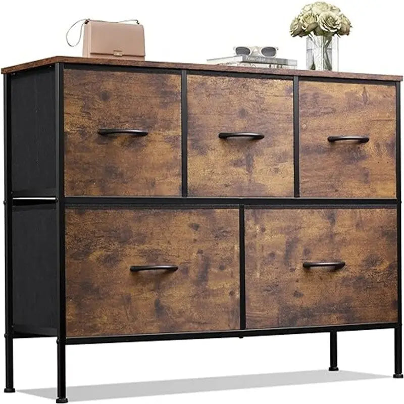 5 Drawer Fabric Storage Dresser, Grey Chest of Drawers, Metal Frame Storage Cabinet for Bedroom Living Room
