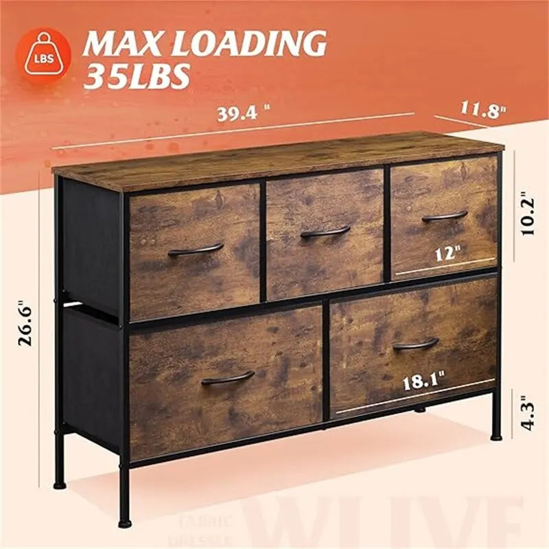 5 Drawer Fabric Storage Dresser, Grey Chest of Drawers, Metal Frame Storage Cabinet for Bedroom Living Room