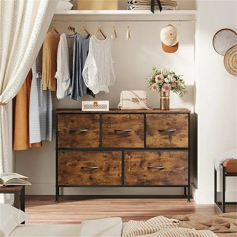 5 Drawer Fabric Storage Dresser, Grey Chest of Drawers, Metal Frame Storage Cabinet for Bedroom Living Room