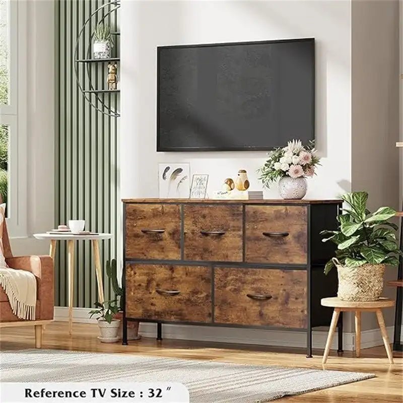 5 Drawer Fabric Storage Dresser, Grey Chest of Drawers, Metal Frame Storage Cabinet for Bedroom Living Room