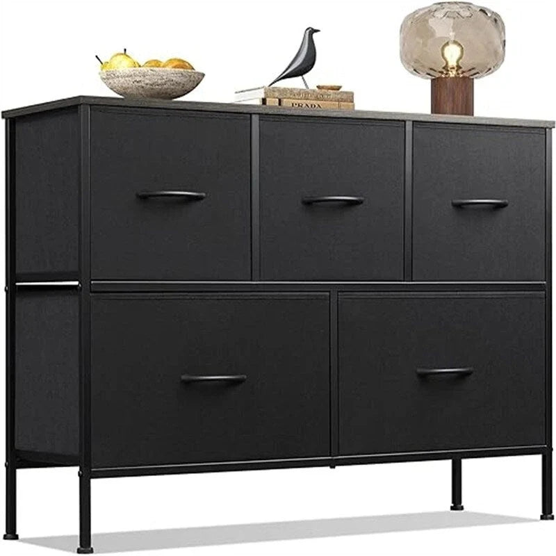5 Drawer Fabric Storage Dresser, Grey Chest of Drawers, Metal Frame Storage Cabinet for Bedroom Living Room