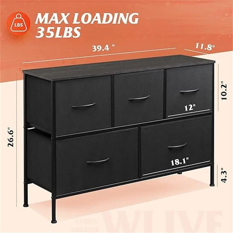 5 Drawer Fabric Storage Dresser, Grey Chest of Drawers, Metal Frame Storage Cabinet for Bedroom Living Room