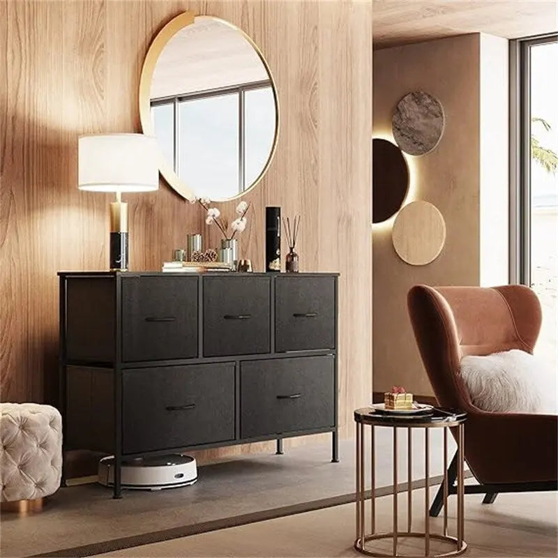 5 Drawer Fabric Storage Dresser, Grey Chest of Drawers, Metal Frame Storage Cabinet for Bedroom Living Room