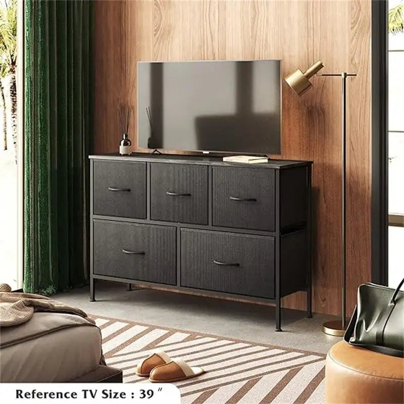 5 Drawer Fabric Storage Dresser, Grey Chest of Drawers, Metal Frame Storage Cabinet for Bedroom Living Room