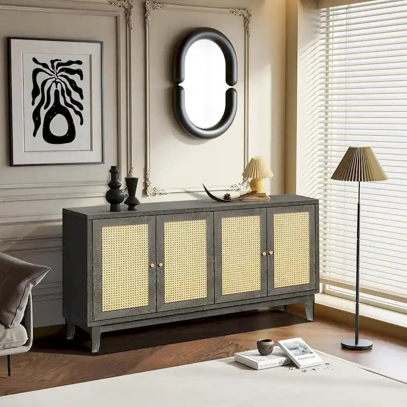 Handcrafted Premium Grain Panels Rattan Sideboard Buffet Cabinet with 4 Rattan Doors