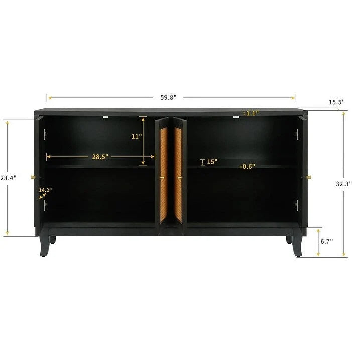 Handcrafted Premium Grain Panels Rattan Sideboard Buffet Cabinet with 4 Rattan Doors